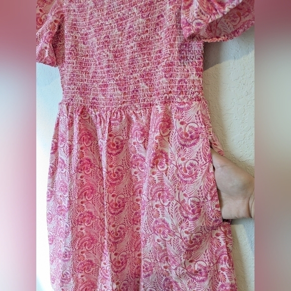 J. Crew Pink Floral Smocked Square Neckline Puff Sleeve Flowy Poplin Mini Dress - Picture 8 of 10